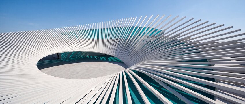 White radial fins torus sculpture futuristic geometric circular modern abstract. Hundreds of white fins radiate around an open circular torus for commercial advertising design branding technology