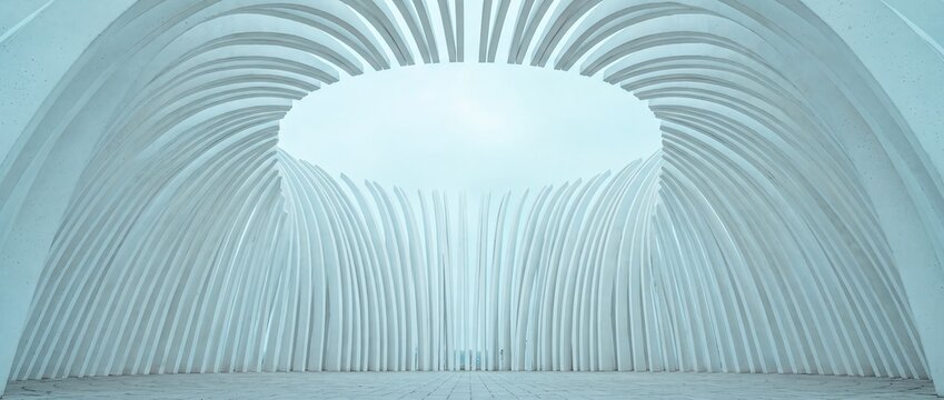 White ribbed circular pavilion skylight architecture futuristic symmetrical minimal open. White radial ribs bend inward around an open circular skylight for commercial advertising architecture