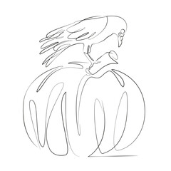 Obraz premium One continuous line drawing on white isolated background. Minimalism linear illustration. halloween, pumpkin, autumn, skittish, graphic, raven, illustration, bird, black, decoration