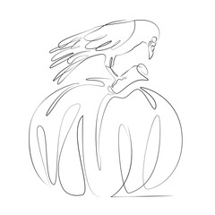 Obraz premium One continuous line drawing on white isolated background. Minimalism linear illustration. halloween, pumpkin, autumn, skittish, graphic, raven, illustration, bird, black, decoration