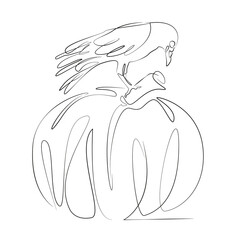 Obraz premium One continuous line drawing on white isolated background. Minimalism linear illustration. halloween, pumpkin, autumn, skittish, graphic, raven, illustration, bird, black, decoration