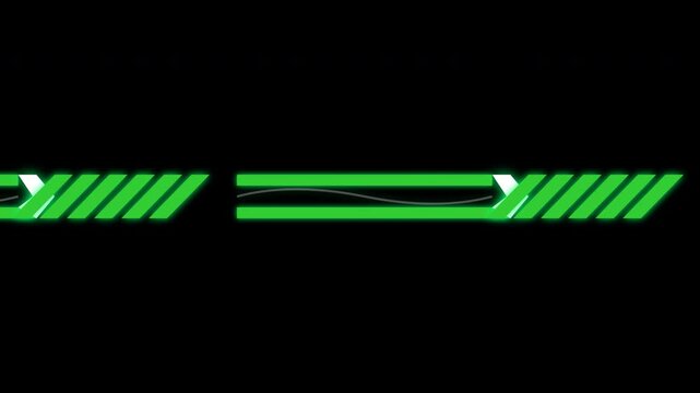 Animated green futuristic interface elements with digital lines and geometric shapes over a black background.