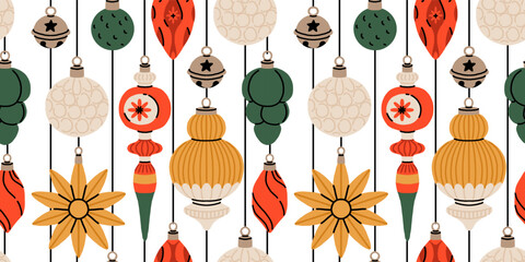 Obraz premium Christmas ornament seamless pattern with hanging baubles, bells, star and icicle decorations. Flat cartoon hand drawn vector illustration.
