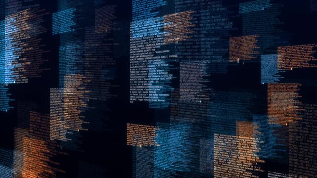 Floating 3D Blue and Orange Computer Code Data Stream Background
