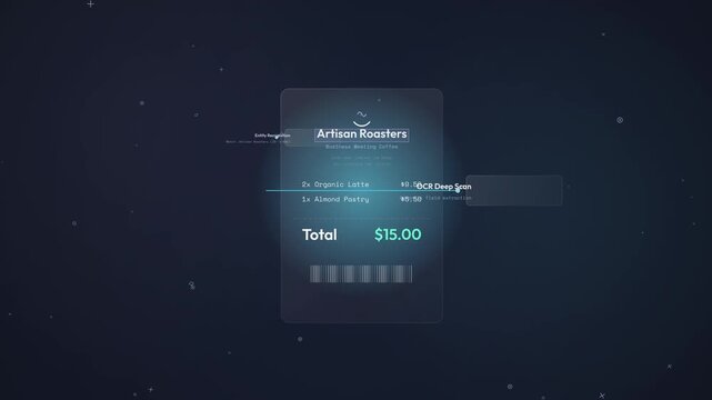 Animated digital interface demonstrating smart spend intelligence with automated expense management, OCR receipt scanning, policy engine approval, and real-time travel budget tracking