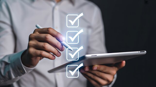 Professional Using Tablet with Digital Checklist for Quality Control Inspection Verification and Business Compliance