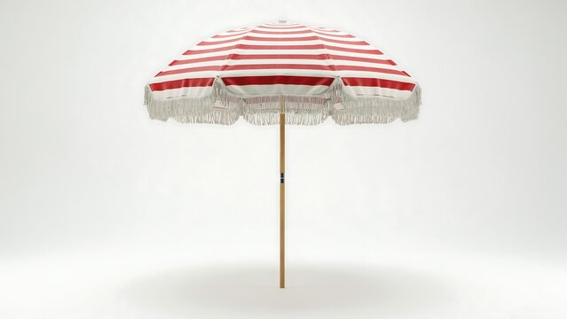Red and white striped beach umbrella with decorative fringe standing on a plain white background, for summer themes