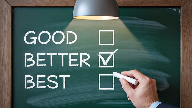 Hand checking best option on chalkboard with good better best choices, evaluation and decision making concept