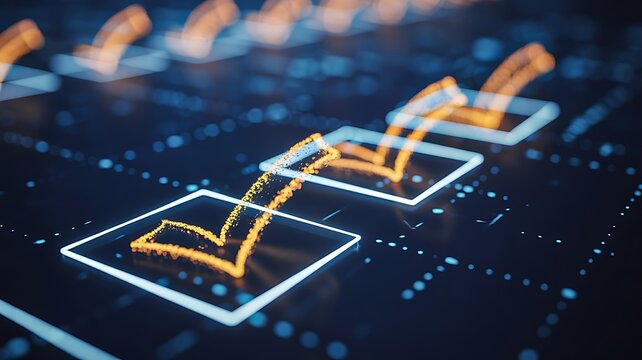 Digital checklist with glowing check marks on a modern technology interface, task management and workflow concept
