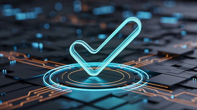 Digital verification checkmark glowing over a futuristic technology circuit background
