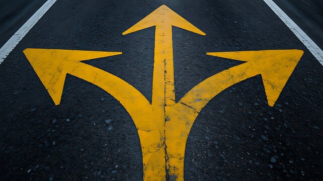 Three Way Direction Arrows on Asphalt Representing Business Choices and Decision Making