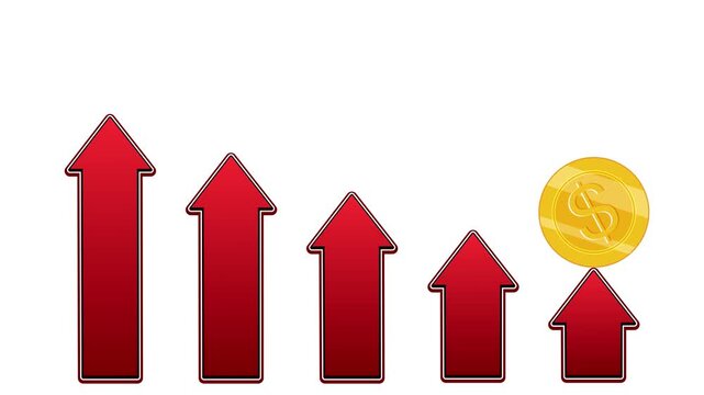 Stock market animation with rising red arrows and golden dollar coin moving across business graph on multiple backgrounds.