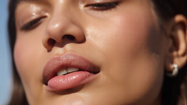 Close up portrait of a woman with natural glowing skin and glossy lips