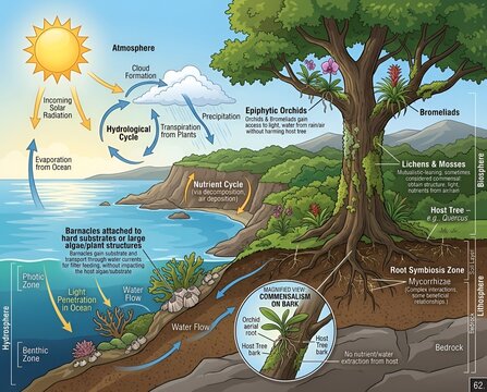 Scientific infographic illustrating the hydrological, nutrient, and root symbiosis cycles in a coastal ecosystem