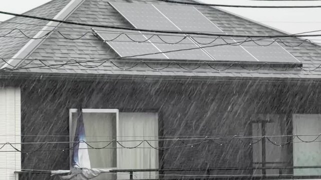 台風による土砂降りの雨と戸建て住宅