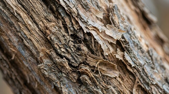 Closeup of rough, weathered tree bark with deep textures and peeling layers, showcasing natural patterns and organic details in a forest setting