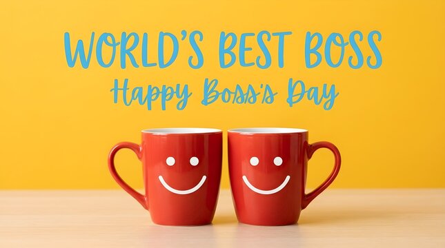 Worlds best boss happy boss day concept featuring two vibrant red smiling face mugs set against a cheerful bright yellow backdrop