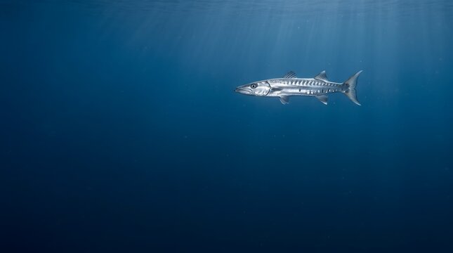 Lone great barracuda swimming through deep blue tropical sea water