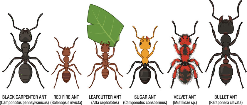 Educational ant species vector chart showcasing black carpenter red fire leafcutter sugar velvet and bullet ants with names