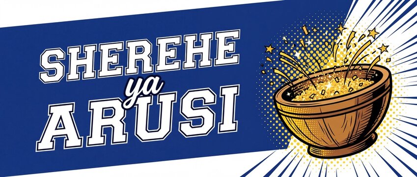 Swahili wedding celebration banner graphic pop art illustration with typography Sherehe ya Arusi wooden bowl overflowing gold confetti stars party vector header background for African marriage event