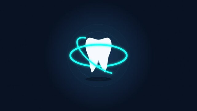 Animated icon of a white tooth with glowing blue rings and particles, motion graphic for dental care and health concepts