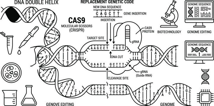 CRISPR Cas9 gene editing process illustration showing DNA double helix modification with molecular scissors and replacement genetic code