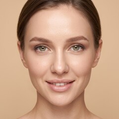 Obraz premium Close-up beauty portrait of young smiling woman with glowing healthy clean skin