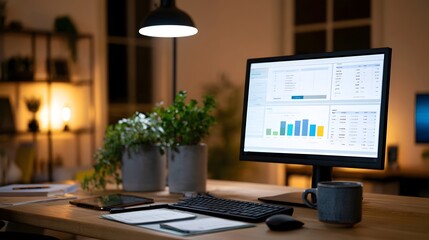 Fototapeta premium Modern workspace with computer monitor displaying business analytics dashboard desk lamp potted plants and coffee mug