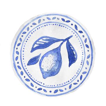 Beautiful watercolor blue lemon illustration on a rustic circular badge