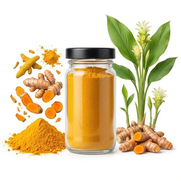 Turmeric powder in glass jar with fresh turmeric roots and plant turmeric condiment
