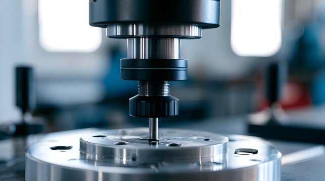 Close up of a precision industrial hine component with metallic surfaces and mechanical parts in a factory setting