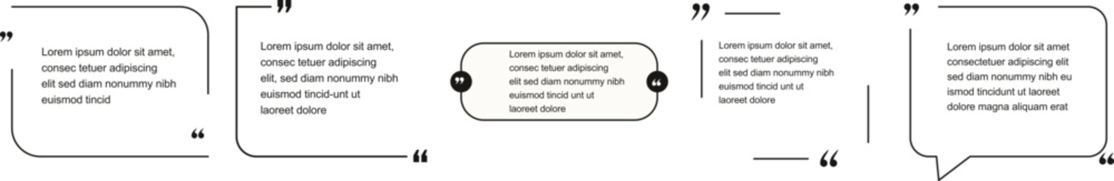 Quote box frames set. Minimalist speech bubble borders with quotation marks for testimonial text layouts.