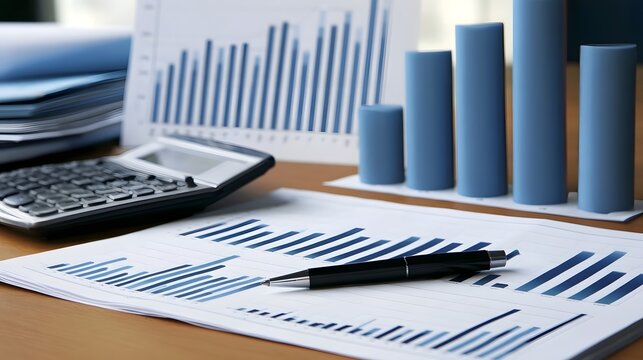 Business analytics setup with bar charts  calculator  and pen on desk for financial data review and strategic planning
