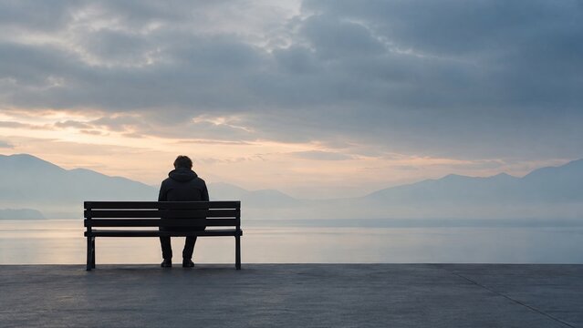 Silhouetted person sitting alone on a bench overlooking a calm lake and misty mountains beneath a cloudy sunset sky.