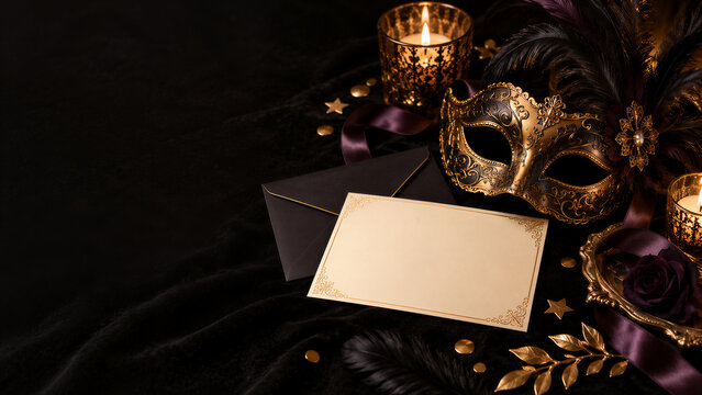 Elegant Masquerade Ball Invitation with Gold Venetian Mask, Candlelight, and Dark Purple Accents on Black Velvet with Copy Space