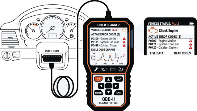 OBD-II diagnostic scanner detecting engine misfire and catalyst system faults in a vehicle