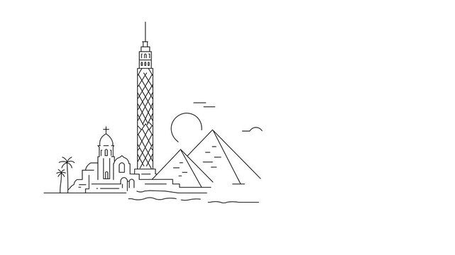 Cairo skyline features iconic landmarks in minimalist line art