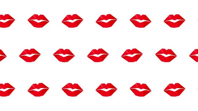 Three horizontal rows of red lips move in opposing directions across the frame, creating a seamless fashion pattern loop ideal for cosmetic backgrounds, social ads, displays, and decorative screens.