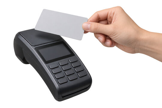 Hand Holding Blank Card Above Contactless Payment Terminal Isolated