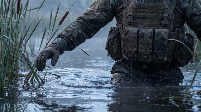 Close-up of tactical operator in camouflage plate carrier wading through murky wetland water at dawn