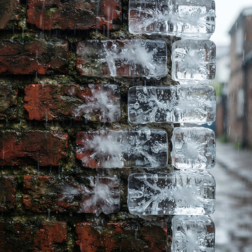 Frost-covered brick wall showcasing ice formation on urban masonry during winter season