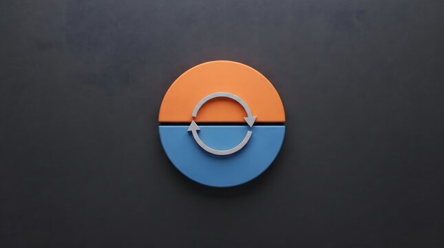 Orange and blue semicircles joined together with a circular arrow icon in the center, symbolizing cycle, renewal, continuous process and sustainability concept