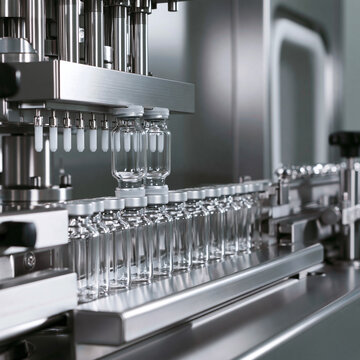 Filling line inside an isolator with a row of glass vials advancing