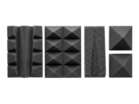 Acoustic soundproof foam panel set for recording studio audio isolation, noise reduction, and sound dampening with pyramid wedge textures isolated on black background for music production equipment.