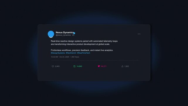 Digital social media post interface with text and interaction icons glowing against dark background, social networking screen