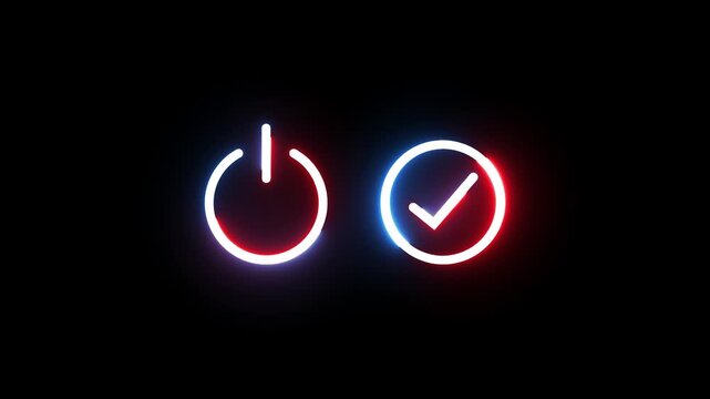 Neon power button and checkmark glowing in dark background, digital interface motion graphic