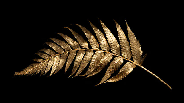 A single metallic gold fern frond Polypodiopsida isolated on a solid dark black background, showcasing intricate leaf patterns, elegant curves, and luxury design elements for modern decor and web use