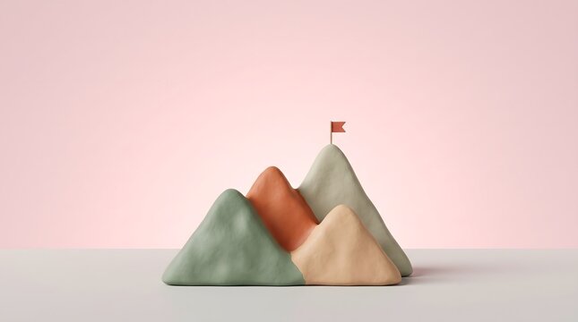 Layered clay mountains in muted colors with a red flag planted on the highest peak, symbolizing achieving goals, summit success and reaching the top concept