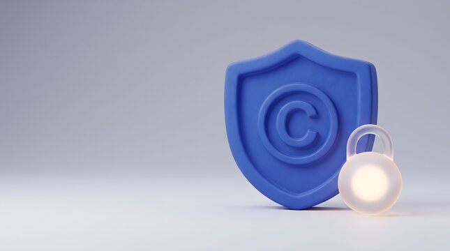 Blue shield with a copyright symbol beside a glowing padlock, symbolizing copyright protection, intellectual property security and content licensing concept