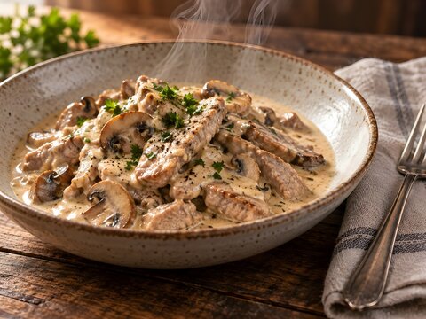 Creamy beef stroganoff with mushrooms and herbs, traditional russian meat stew in ceramic bowl, gourmet dinner on rustic wooden table